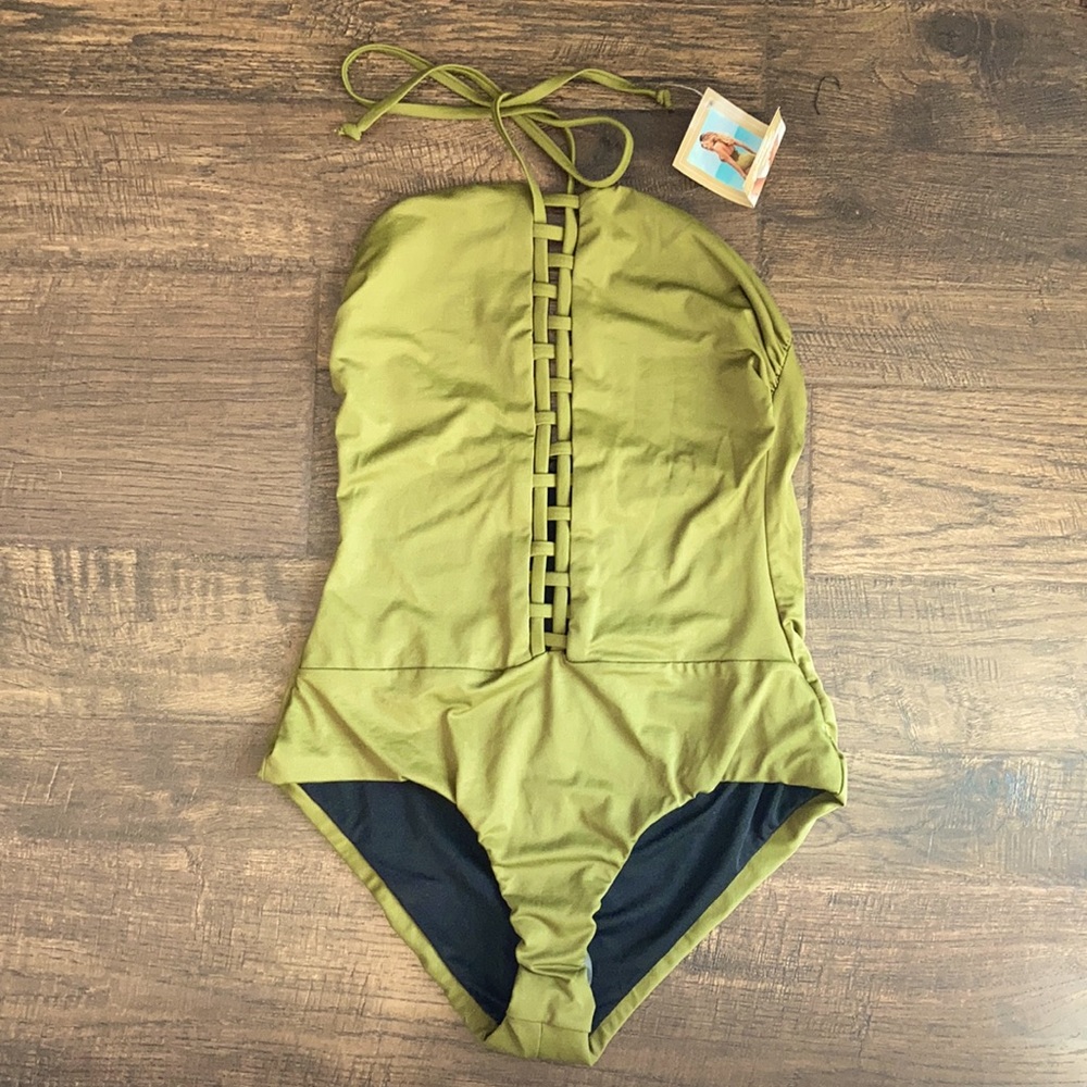 Olive Tie-Up One Piece Swimsuit.!